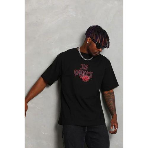 Erkek Baskılı Tişort Kısa Kol Bisiklet Yaka Ovarsize T-Shirt - Siyah