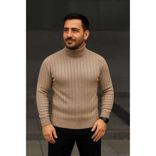 Erkek Balıkcı Yaka Bağazlı Triko Kazak Pamuklu Kalın Fitilli Dokuma, Regular Fit Uzun Kollu Kışlık Model - Bej