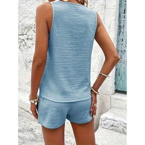 Kadın Askılı Kolsuz V Yakalı önden Düğmeli Bürümcük Bluz Ve Short Ikili Takım