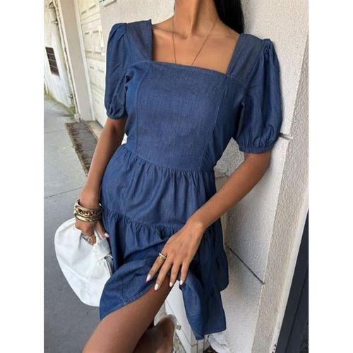 Kare Yakalı Ve Gipe Detaylı Tensel Elbise 2883