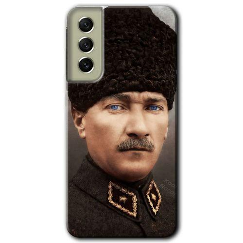 MRCİLETİSİM Samsung Galaxy S21 FE Kılıf Baskılı Kapak - Başkomutan Atatürk +Tam Kaplayan Mat Seramik