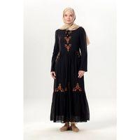 Uzun Kol Zühre Nakış Detaylı Bağcık Yaka Cepli Vual Uzun Elbise Siyah Syh
