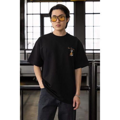 Cep Baskılı İki İplik Kumaş Pamuklu Oversize Erkek T-Shirt - Siyah