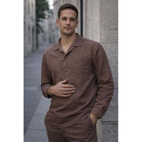 Sartre Apaş Yaka Tek Cepli İnce Modal Kumaş Uzun Kollu Yazlık Gömlek - Kahve