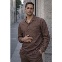 Sartre Apaş Yaka Tek Cepli İnce Modal Kumaş Uzun Kollu Yazlık Gömlek - Kahve
