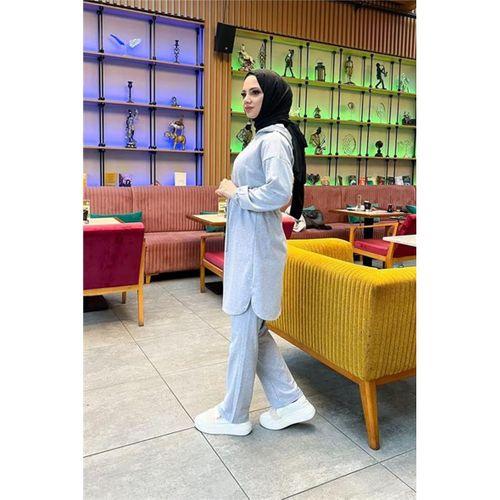 Kapşonlu Fermuarlı Belden Bağlamalı Sade Basic İkili Spor Takımı - 03070 - Gri