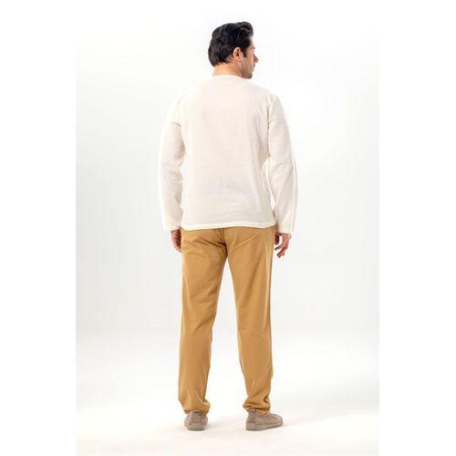 Uzun Kol Midas V Yaka Nakışlı Şile Bezi Erkek Tişört | Yazlık Erkek Tshirt Krem Krm