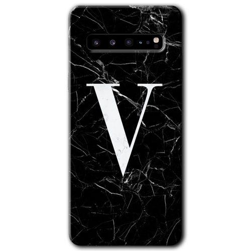 Potkal Hediye Fabrikası Samsung Galaxy S10 Plus Kılıf HD Desen Baskılı Arka Kapak - Siyah Mermer Desenli V Harfi