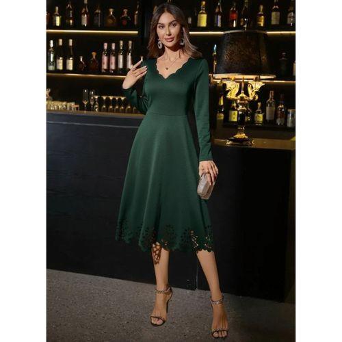 Kadın Uzun Kollu V Yakalı Lazer Kesim Detaylı Midi Ithal Krep Elbise