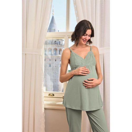 Çiçek Ve Yaprak Desenli Dantelli Hamile Lohusa 3'lü Pijama Takımı