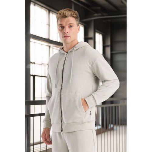 Haneke Regular Kalıp Diagonal 3 İplik Fermuarlı Kapüşonlu Erkek Sweatshirt - Mineral Gri