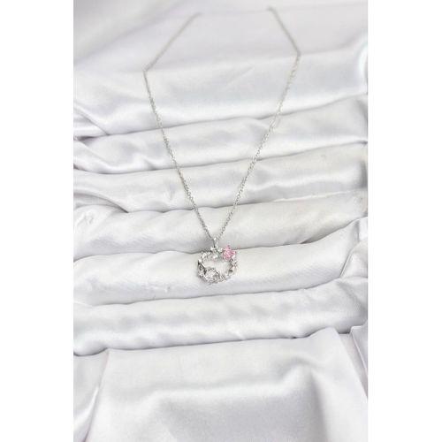 316L Çelik Zincir Gümüş Renk Pembe Taş Detaylı Çelenk Model Kadın Kolye