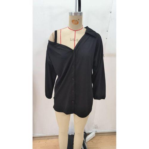 Kadın Tek Omuzdan Açık Askılı Uzun Kollu Yakalı önden Düğmeli Gömlek