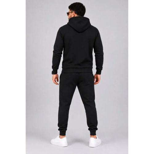 Erkek İki İplik Kapüşonlu Kanguru Cepli Sweatshirt Jogger Pantolon Alt Üst Eşofman Takımı -Siyah