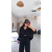 Kadın Flamlı Keten Tek Cep Oversızed Gömlek