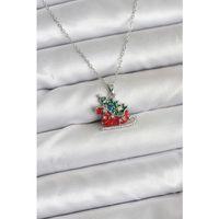 316L Çelik Zincir Gümüş Renk Kızak ve Çam Ağacı Figürlü Yılbaşı Temalı Kadın Kolye