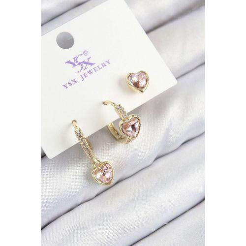 Pirinç Zirkon Taşlı 3'lü Pembe Kalp Model Gold Renk Kadın Küpe