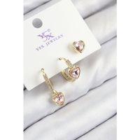 Pirinç Zirkon Taşlı 3'lü Pembe Kalp Model Gold Renk Kadın Küpe