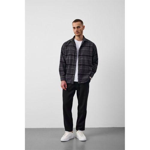Brandon Relaxed Fit Pamuklu Geniş Çizgili Oduncu Erkek Gömlek - Füme