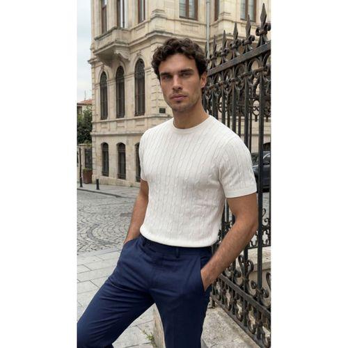 Erkek Örgü Desen Bisiklet Yaka Triko Tişört - %100 Pamuk Akrilik