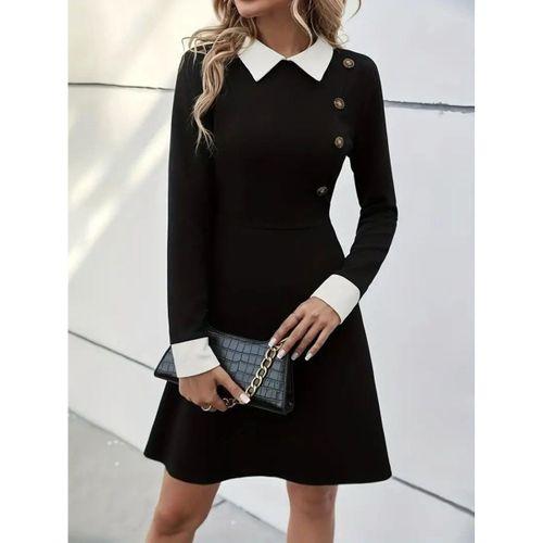 Kadın Uzun Kollu Yakalı Düğmeli Kısa Modal Mini Elbise