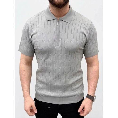Erkek Yazlık Triko Saç Örgü Tişört Kısa Kol Polo Yaka Fermuarlı T-Shirt - Gri