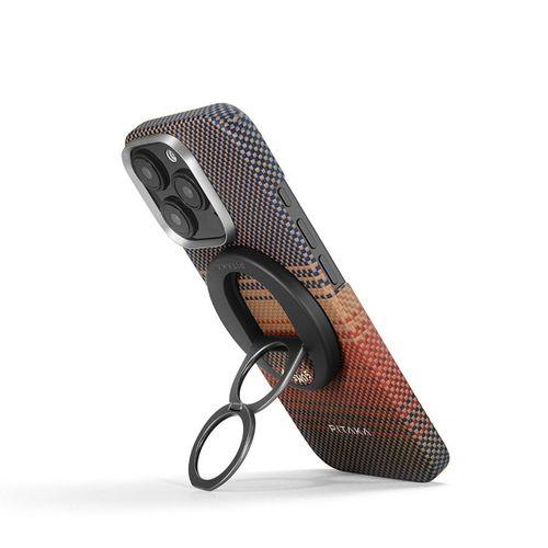 Apple iPhone 16 Pro Max Kılıf M-safe Şarj Özellikli Grip 3 Standlı Aramid Fiber Pitaka Tactile Woven Sunset-Moonrise Serisi Sunset Kapak