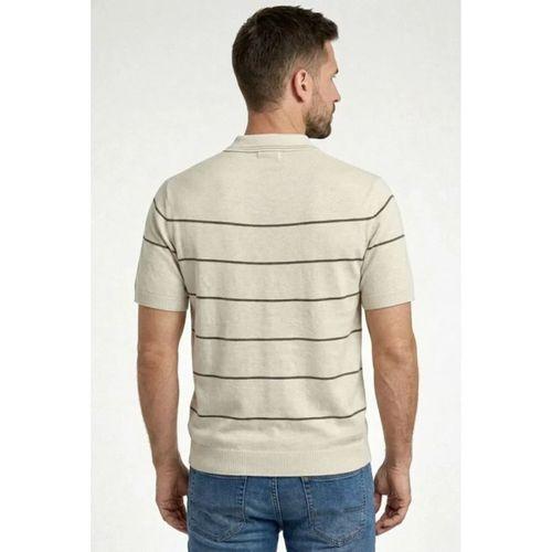 Erkek T-shirt Çizgili Triko Dokuma Kumaş Polo Yaka Yarım Fermuarlı Regular Kalıp Tişört - Bej