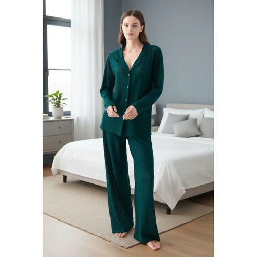 Kadın Zümrüt Yeşili Önden Düğmeli Rahat Kesim Pijama Takımı