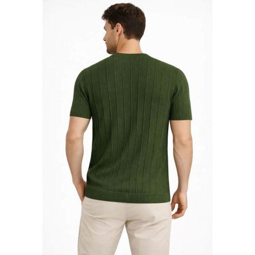 Erkek Yazlık Fitilli Triko Tişört Kısa Kol Bisiklet Yaka T-Shirt - Haki