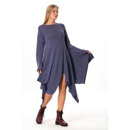 Uzun Kol Handan Asimetrik Kesim Sonbahar ve Kışlık Dökümlü Midi Boy Triko Elbise Mor Mor