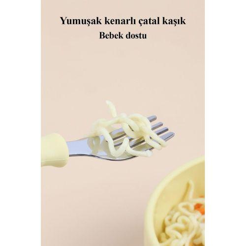 Silikon Saplı Paslanmaz Çelik Bebek Kaşık Çatal Seti Açık Pembe