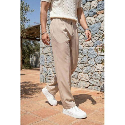 Baruchel Pileli Baggy Kalıp Kumaş Erkek Pantolon - Bej