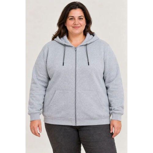 Battal Büyük Beden Üç İplik İçi Şardonlu Kapüşonlu Tam Fermuarlı Kışlık Sweatshirt - Gri