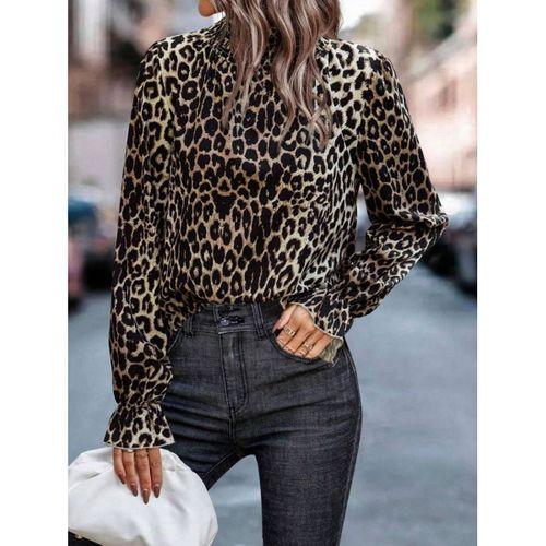 Kadın Uzun Kollu Gipe Detaylı Balıkçı Yaka Leopar Desenli Süprem Bluz