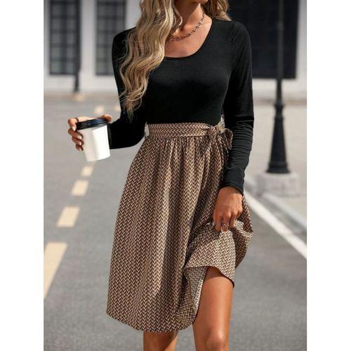 Kadın Uzun Kollu Yuvarlak Yaka üst Viskon Alt Süprem Midi Elbise