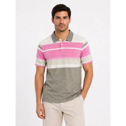 Erkek Flamlı Penye Çizgili Polo Yaka Tişört Kısa Kol Yazlık T-Shirt - Gri