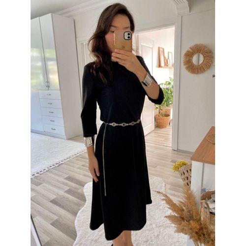 Kadın Uzun Truvakar Kol Bisiklet Yaka Midi Modal Elbise