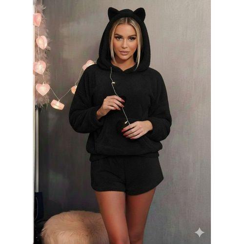 Kadın Uzun Kollu Kapşonlu Peluş Bluz Ve Kısa Short Ikili Takım
