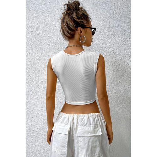 Kadın Beyaz Kare Yaka Kalınlaşan Omuz Detaylı Crop Top Bluz