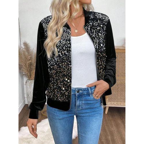 Kadın Uzun Kollu önü Açık Fermuarlı Pulpayetli Kadife Ceket