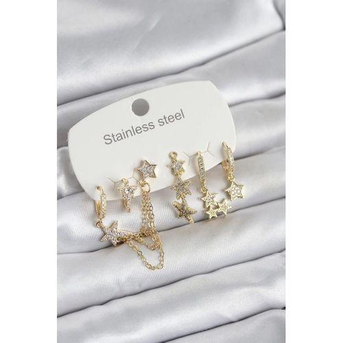 316L Çelik Gold Renk 6'lı Set Zincirli Yıldız Modelli Kadın Küpe