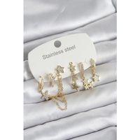 316L Çelik Gold Renk 6'lı Set Zincirli Yıldız Modelli Kadın Küpe
