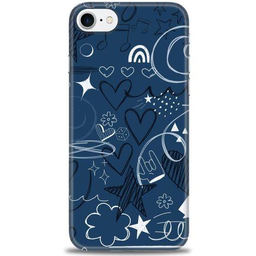 iPhone 7 Kılıf HD Baskılı Kılıf - Notalar ve Kalpler Mavi + Tam Ekran Koruyucu