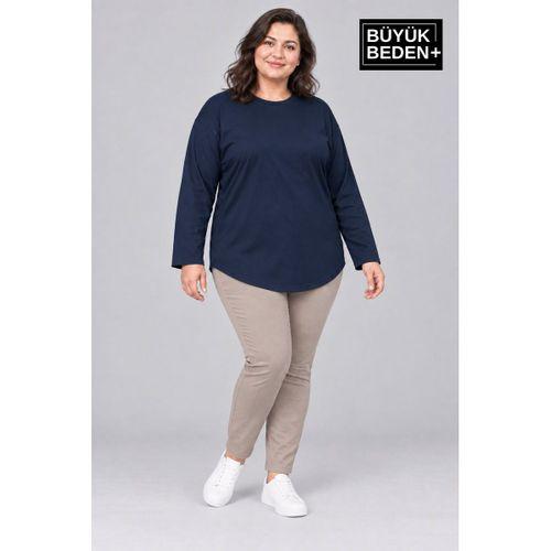 Süperlife Kadın Büyük Beden Bisiklet Yaka Süprem İnce Uzun Kollu Oval Etek Tişört SPR26BTSK943