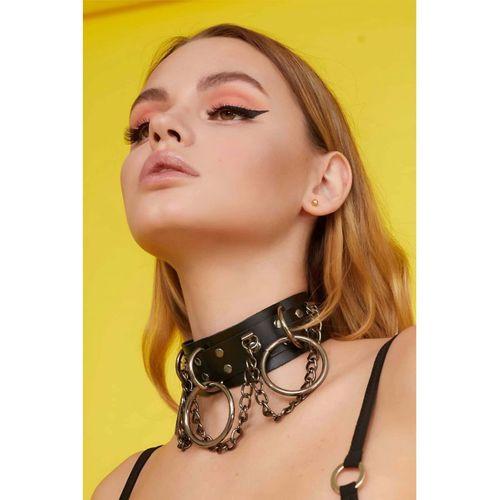 Halka Ve Zincir Detaylı Geniş Şerit Deri Choker