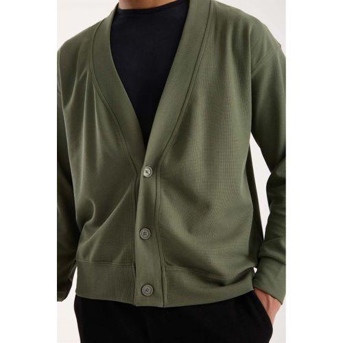 Potter Dokulu Selanik Kumaş Oversize Basic 3 Düğmeli Erkek Hırka - Avcı Yeşili
