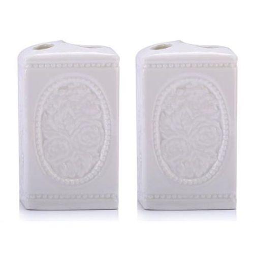 2 Adet Seramik Diş Fırçalık Çiçekli Kare Model 8X8X11Cm Banyo Seti