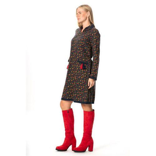 Uzun Kol Zuhal Pazen Midi Boy Sonbahar ve Kışlık Elbise Papatya Desen Lacivert Lcvt