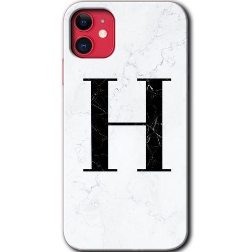 iPhone 11 Kılıf Baskılı Kapak - Beyaz Mermer Desenli H Harfi +Tam Ekran Koruyucu